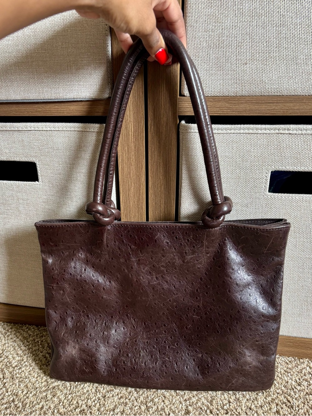 Vintage Misses Pick Ostrish Brown Leather Knotted Handle Tote Bag Barcelona